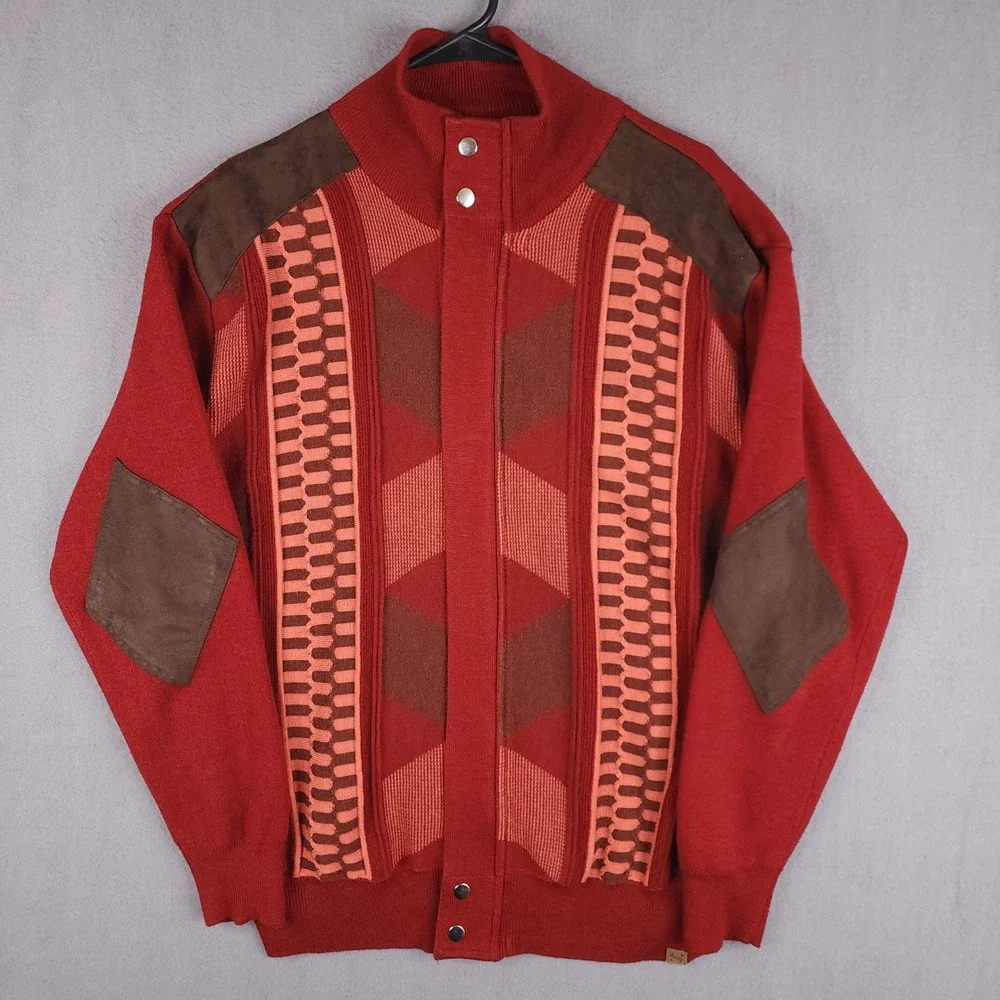 Silversilk Sweater Mens‎ Large Red Geometric Full Zip Suede Trim Elbow Patches L